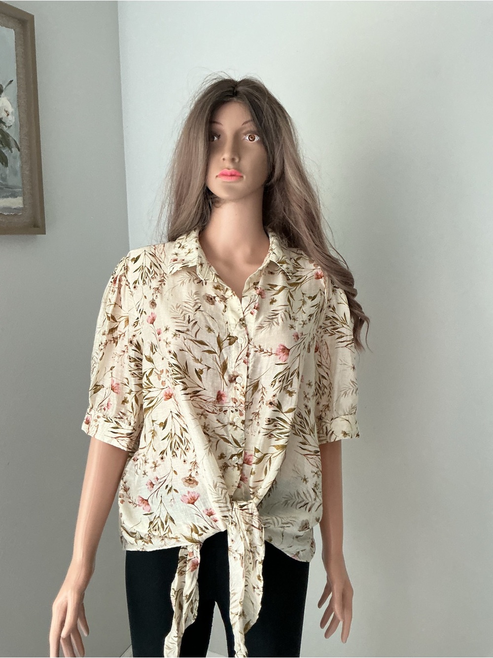 Tamara H Tie-Front Floral Button-Down Shirt in Cream with Pink Accents